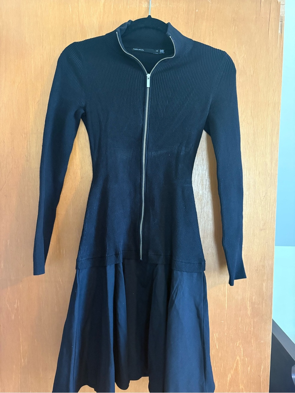 Karen Millen Black Long-Sleeve Zip-Front Fit & Flare Dress Medium